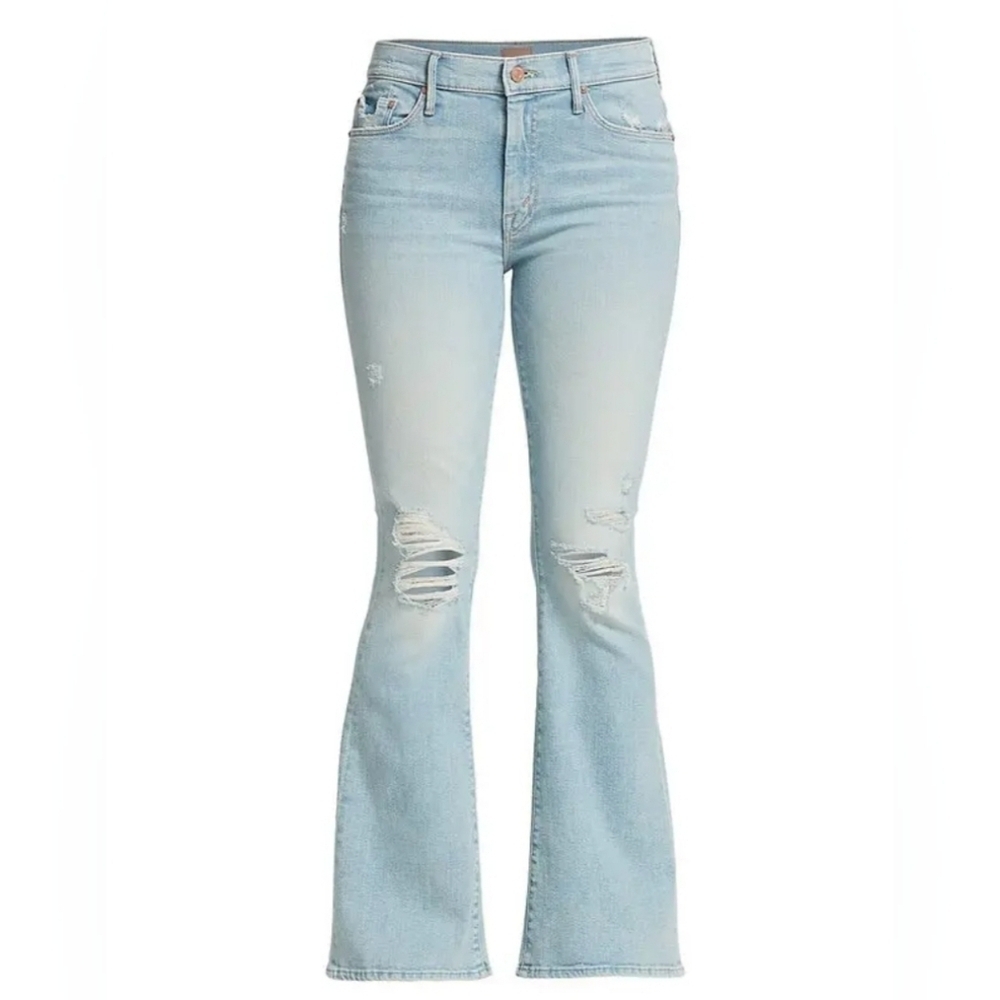 MOTHER Sky Blue Distressed Flare Jeans